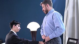 Cutie twink cockriding on boss DILF cock