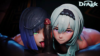 Yelan and Eula Worshiping Hilichurl Cock Threesome Cum Swap Genshin Impact 3D Porn Cum in Mouth BBC