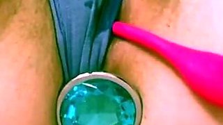 Pretty purple panties gets soaked when baby-girl thinks of sugar-daddy