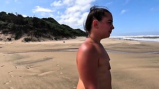 Public beach blowjob and handjob with a kinky brunette slut