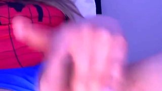 Solo spider-girl rubs her clit and uses her toys