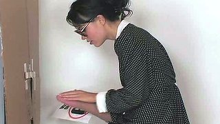 Sexy brunette lesbian riding a big strapon