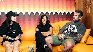 Busty curly brunette with big boobs fucks on couch