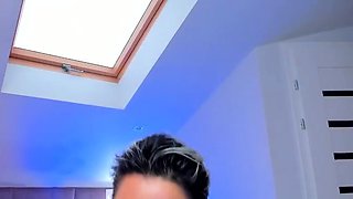 Busty curly brunette with big boobs fucks on couch