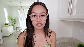 Skinny nerd keeps her glasses on to look at that fat dick
