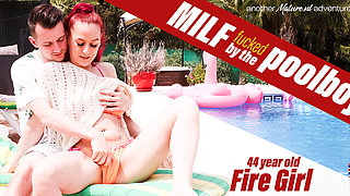 The Poolboy Get's Seduced By Milf Fire Girl To Fuck Her Right Next To The Pool Under The Sun