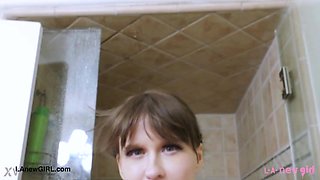 Fresh- faced blonde took a shower