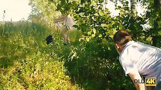 Old4k. cutie sucks older cock and gets it in her tiny snatch outdoors