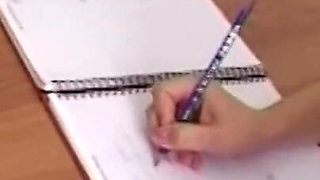 Horny pigtail brunette jerks his cock and gets a warm load on her tits