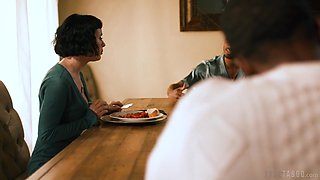 Dashing brunette spit-roasted by a pair of oversized black shafts