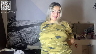 American girl with E cup tries on tops