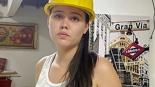 A sexy builder comes to my house to make some arrangements and ends up heating me up until she fucks me and makes me cum in it