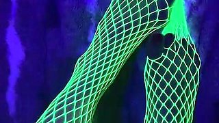 Tiny Asian Feet with Long Toes in Green Neon Fishnet