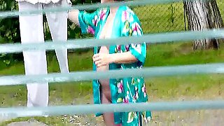 Milf Naked In Public. Voyeur. Frinas Husband Peeps In Window Like In House Yard Her Pregnant Sister Dries Clothes In Bathrobe No Bra And Panties. Public Nudity. Outdoors Pov 11 Min