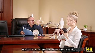 Daddy4k. naughty blondie is flashing her fat porn experience at the job audition