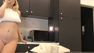 Big Tits Curvy and Busty Hot Beauty in Black Sheer Pantyhose in the Kitchen Takes Her Panties off