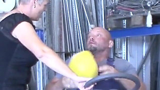 Granny penetrated her pussy in the workshop by her granddaughter's husband