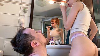 Petite Mistress in Panties Brushes Her Teeth and Spits Into a Slave's Mouth