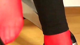 Red Stockings & Stiletto Footplay Under Leggings