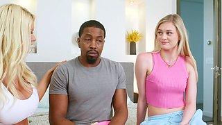 Two blondes share a big black cock in an intense interracial ffm threesome