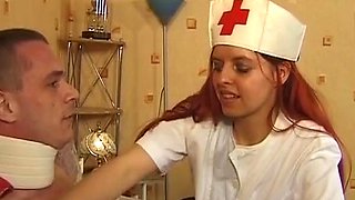 A redhead German nurse rides her patients dick like a pro