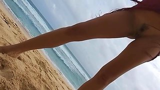 Sexy Hairy MILF Without Panties and with Buttplug on Public Beach