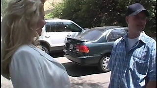 Blonde MILF neatly shaved cunt is fucked on a lawn chair by a stud