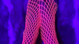 Pink Neon Fishnet on Sexy Small Asian Feet with Long Toes
