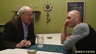 Busty blonde wife helps her man celebrate steak & a blowjob day