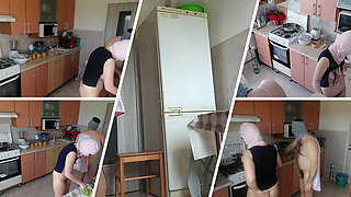 Amateur couple having fun in the kitchen. A sexy hairy brunette does the housework naked.