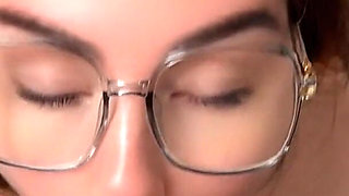A Young, Cute Beauty in Glasses Received a Portion of Sperm in Her Mouth!