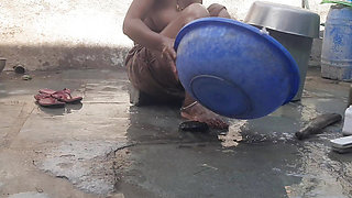 A stepsister from the village undresses and bathes in the open courtyard, a stepbrother watches his stepsister to see her beauti