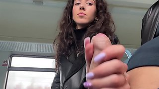 Slutty Russian brunette got some cum on her face by a stranger in a train