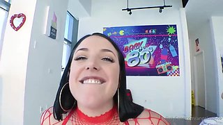 Whorish black-haired with huge titties is doing her greatest to make her fresh paramour jizz
