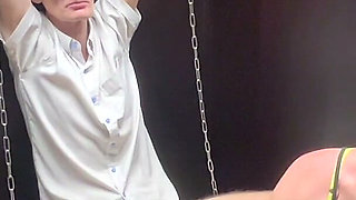 Chastity Sub Locked in Hotel Wardrobe Gets a Ruined Handjob