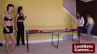 Amateur Lesbian Game Bet: Wild Strip Pong Showdown with Big Natural Tits