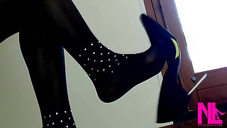 Sensual Dangling and Seducing in Black Wolford Pantyhose and Black Pumps with Metal Heels