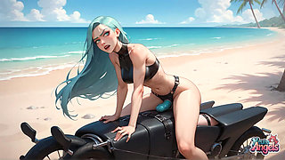 Beach Bliss: Turquoise Hair Babe's Triple Ejaculation Orgy