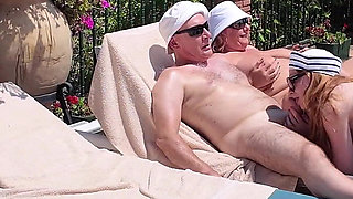 Mature Swingers Holiday Pool Side Reverse Gangbang