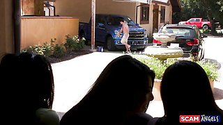 Cindy Starfall and Gina Valentina soap a blue Ford then outdoor group