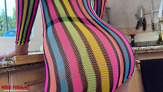 Stepsister eating a banana in my kitchen, I shouldn't have walked in