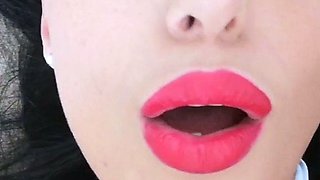 Busty curly brunette with big boobs fucks on couch