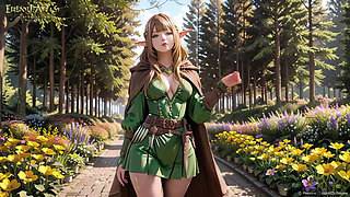 Green Elf in the Forest Secret! Kneeling gaze under dappled sunlight, a dreamy tease with fingertips touching her lips.