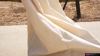 Busty teenage Amber Moore salutes him home