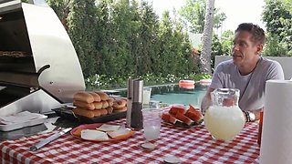 Brunette teen with amazing tits fucks an older man
