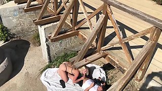 Inked blonde girl with a tight hole fucked on a beach