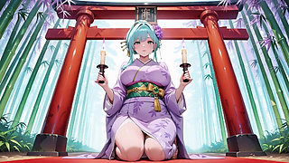 Purple Kimono Goddess! Can't Handle the Wetness Under the Red Torii Gate