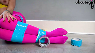 Pink Unicorn Tape Gag Bound Blonde Struggles in Pantyhose