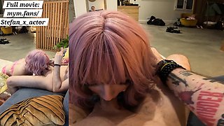 My pink-haired sissy slut caged sucks my cock deep