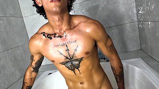 Tattooed Latino Boy Gets Passionate Handjob in Wet Shower